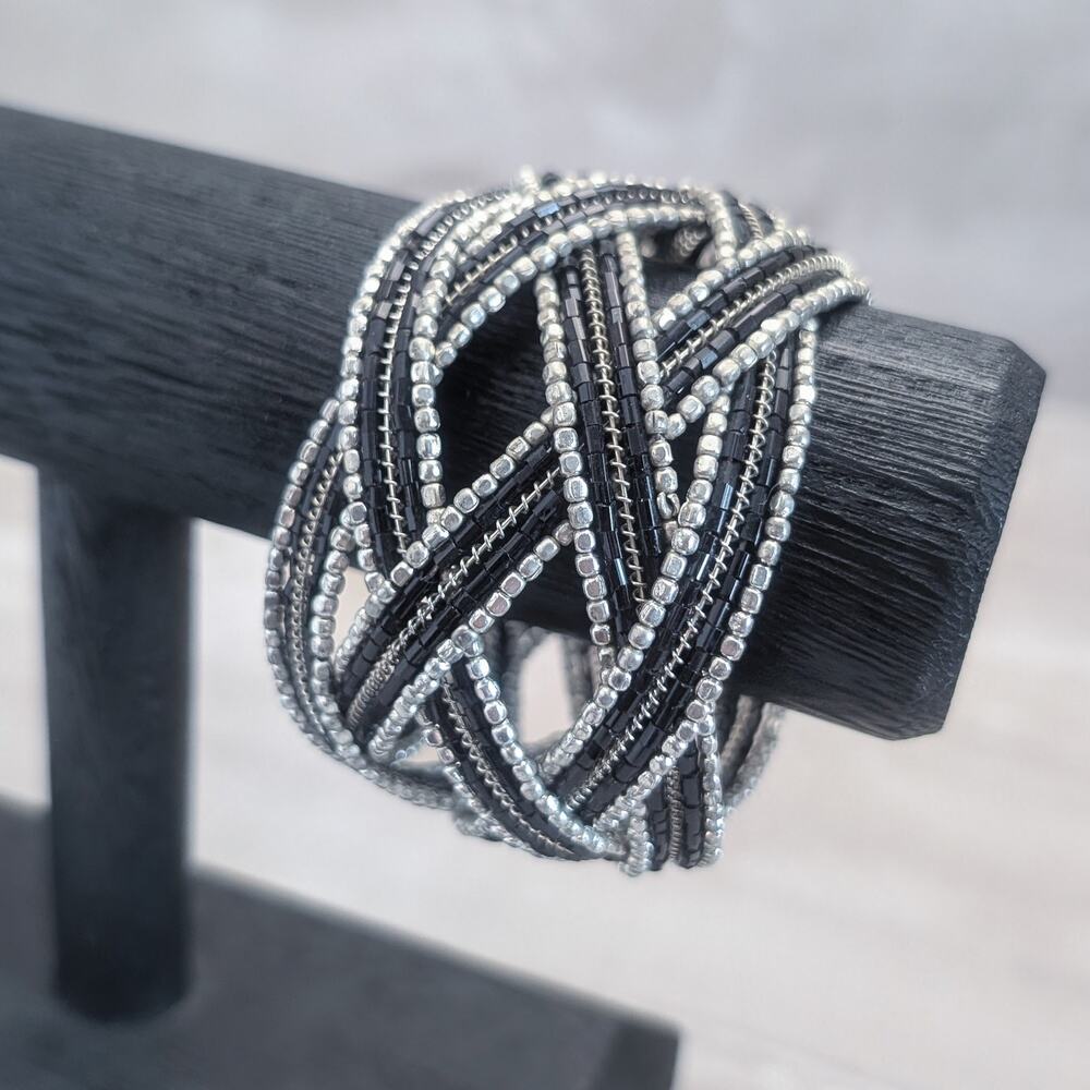 Vintage Cuff Bracelet Wide & Chunky Silver Tone & Black Statement